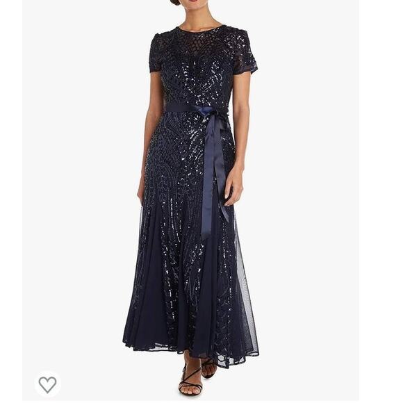 R&M Richards Navy Blue Sequin Satin Waist Belted Party Cocktail Maxi Dress 8us - Picture 2 of 14
